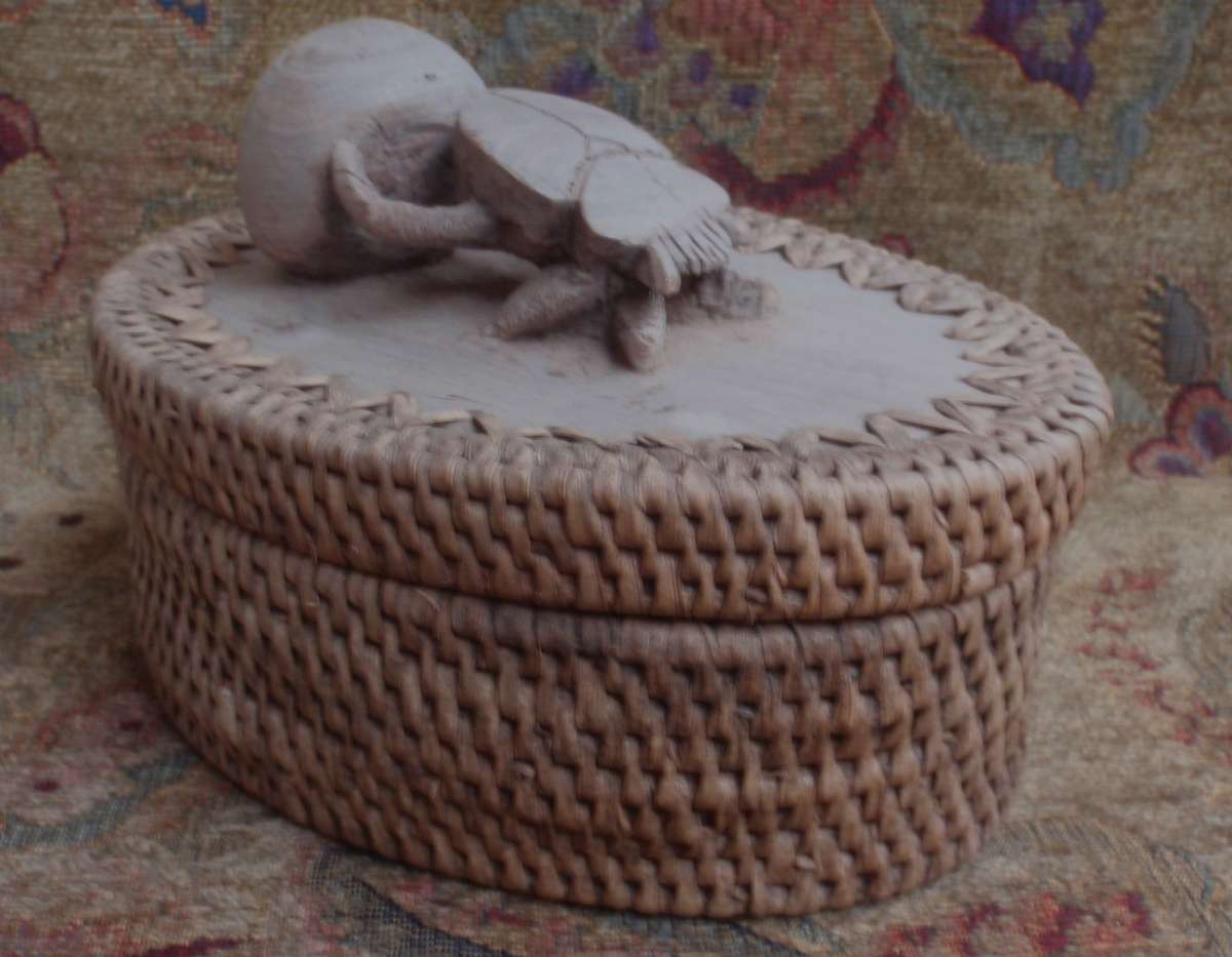 Dung Beetle or Scarab hand carved from solid piece of wood, lid for hand woven basket, Mozambique