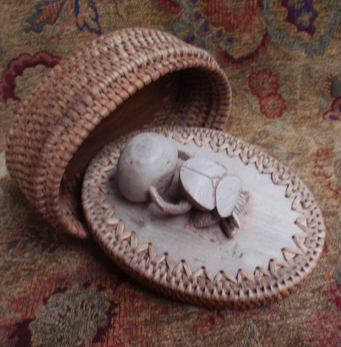 Dung Beetle or Scarab hand carved from solid piece of wood, lid for hand woven basket, Mozambique