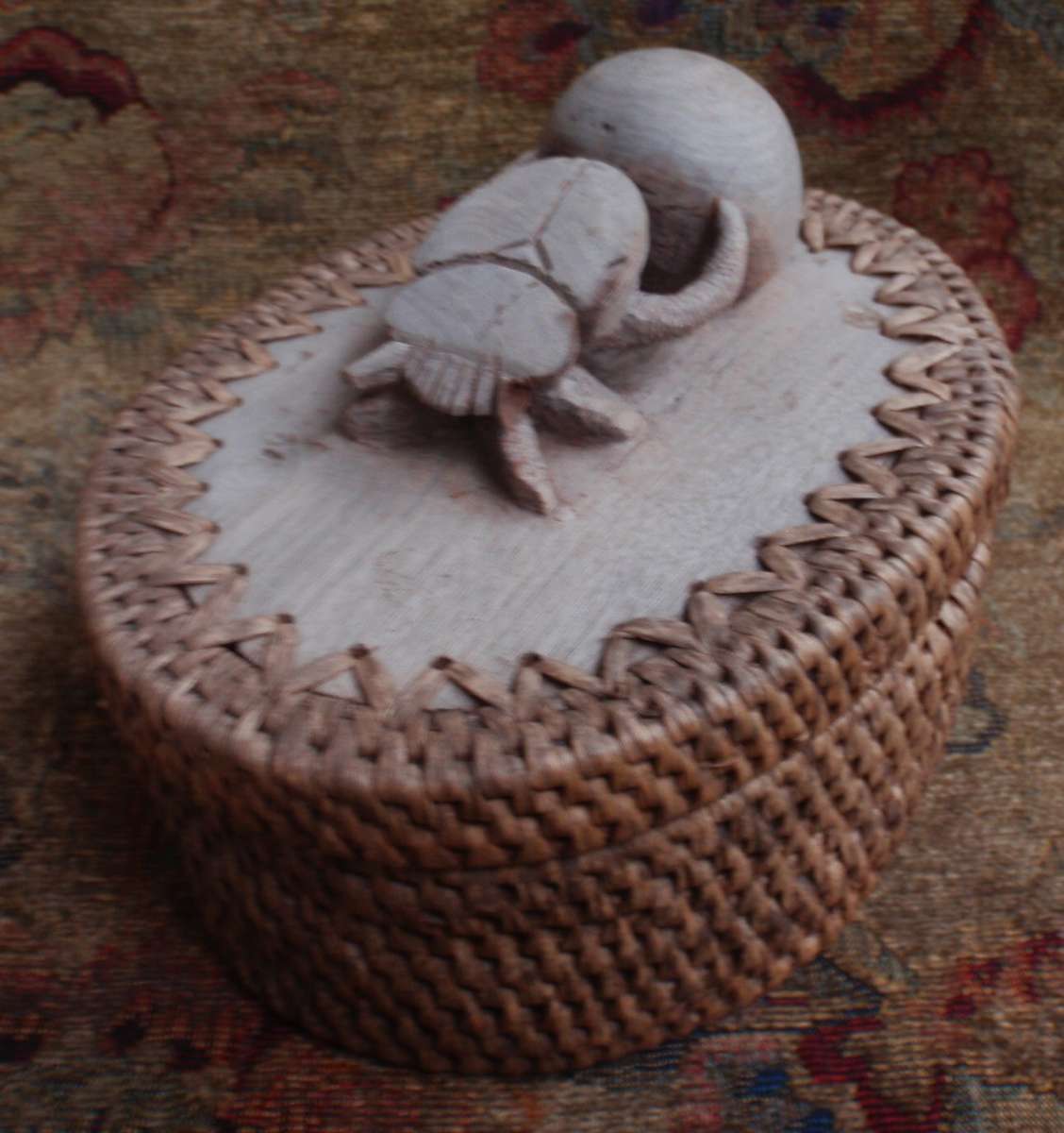 Dung Beetle or Scarab hand carved from solid piece of wood, lid for hand woven basket, Mozambique