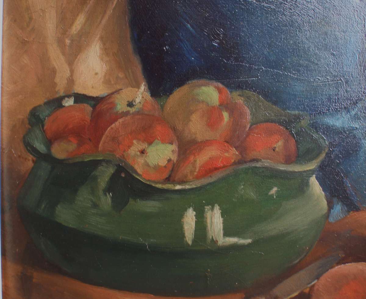 Vintage original oil painting. Muted and moody still life with fruit - interesting character piece.