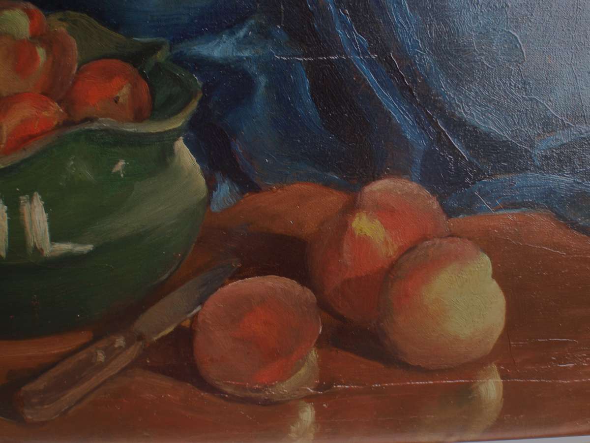 Vintage original oil painting. Muted and moody still life with fruit - interesting character piece.