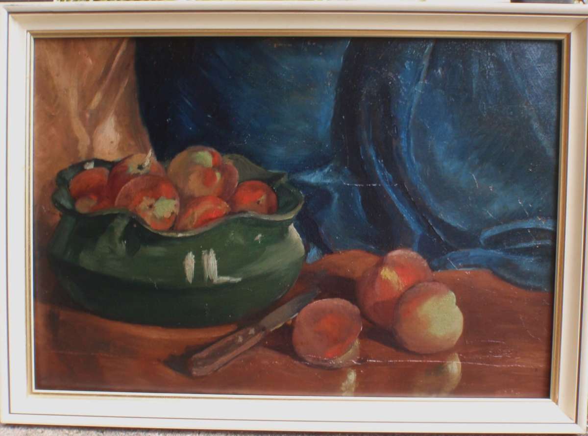 Vintage original oil painting. Muted and moody still life with fruit - interesting character piece.
