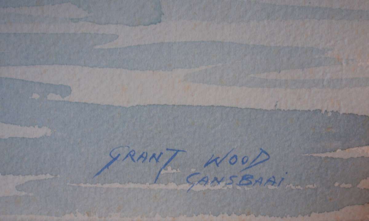 Exquisite original watercolour of moored boats in Gansbaai. Signed by Grant Wood.