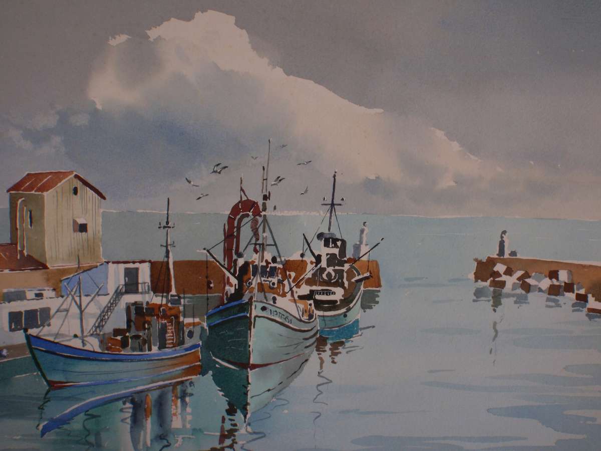 Exquisite original watercolour of moored boats in Gansbaai. Signed by Grant Wood.