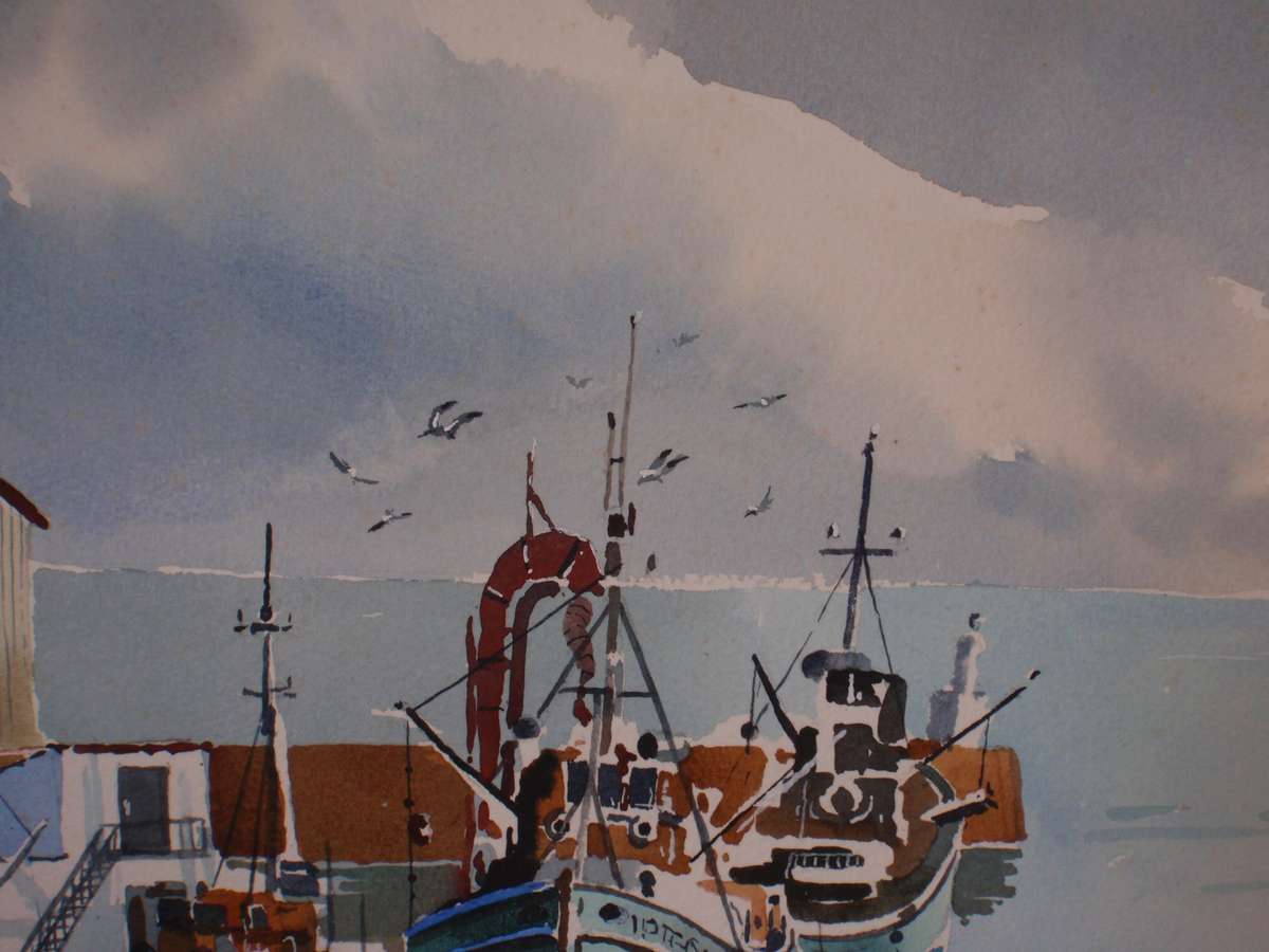 Exquisite original watercolour of moored boats in Gansbaai. Signed by Grant Wood.