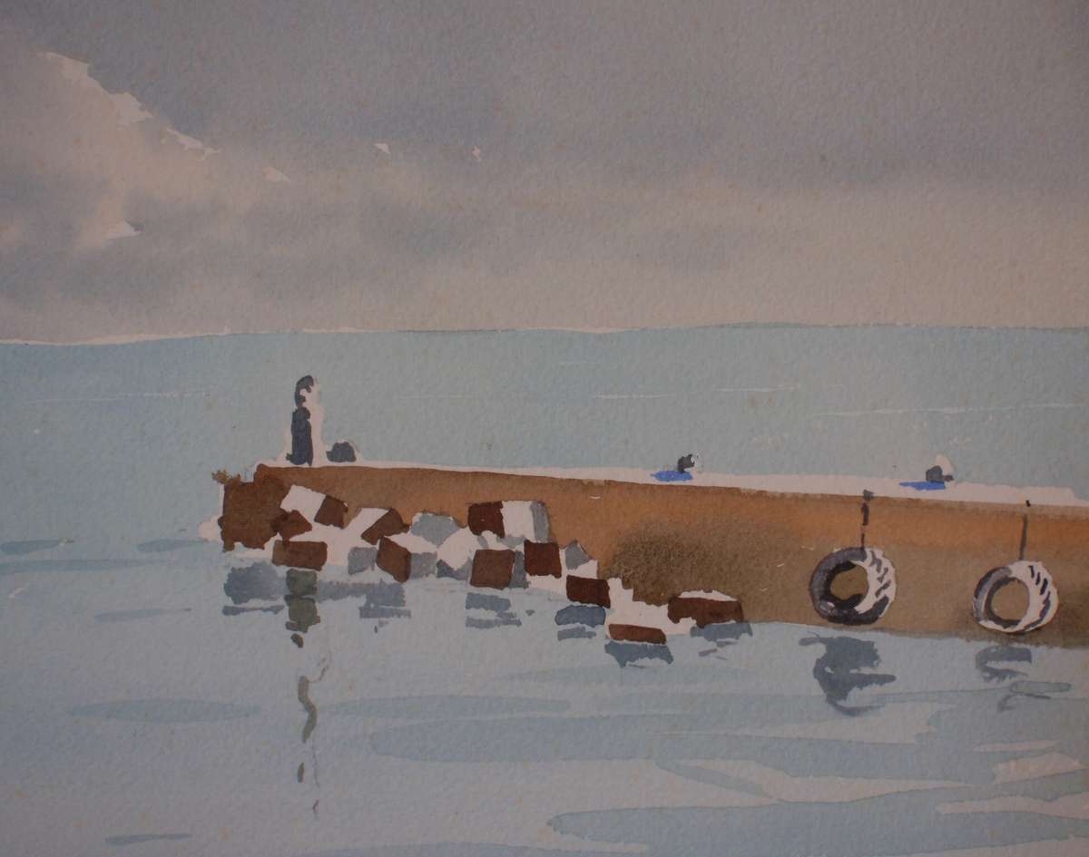 Exquisite original watercolour of moored boats in Gansbaai. Signed by Grant Wood.