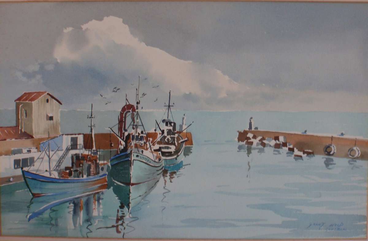 Exquisite original watercolour of moored boats in Gansbaai. Signed by Grant Wood.