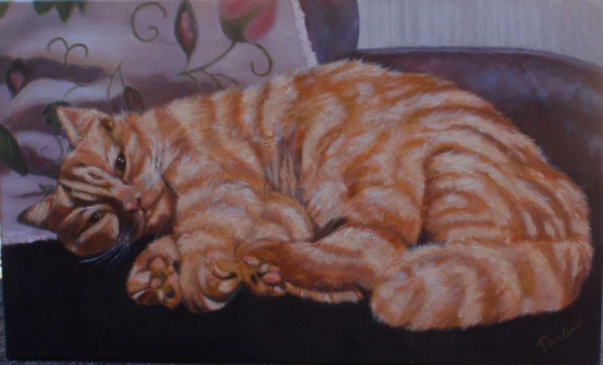 Charming kitty portrait Ginger Boy. Original oil on canvas signed Pauline.