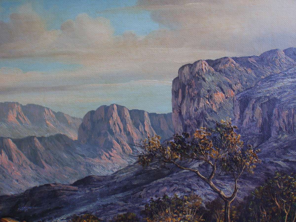 South African investment art Hentie Meyer. Listed artist Strauss & Co. Magnificent mountainscape.