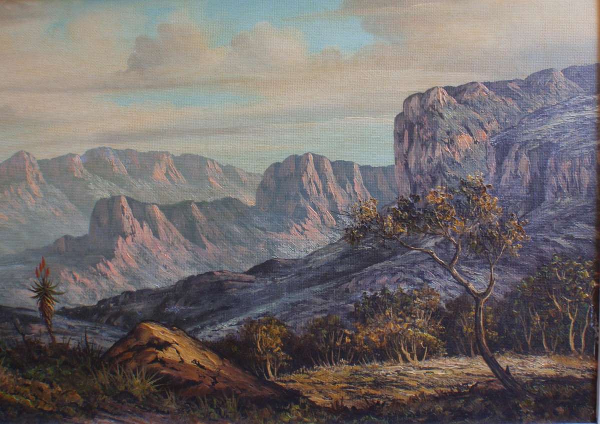 South African investment art Hentie Meyer. Listed artist Strauss & Co. Magnificent mountainscape.