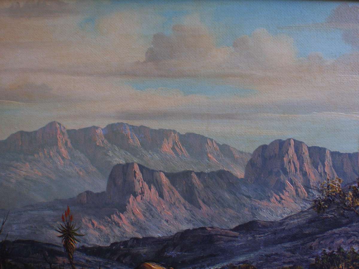South African investment art Hentie Meyer. Listed artist Strauss & Co. Magnificent mountainscape.