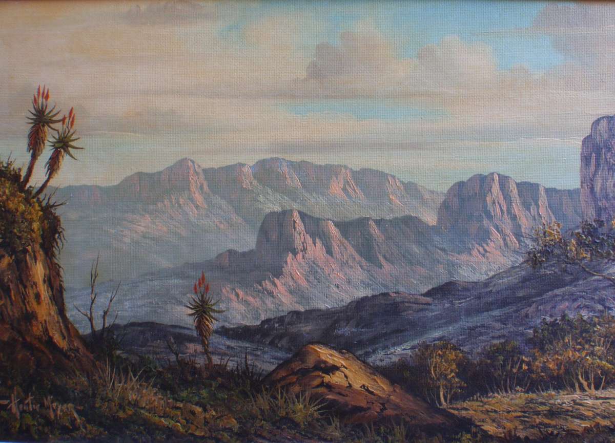 South African investment art Hentie Meyer. Listed artist Strauss & Co. Magnificent mountainscape.