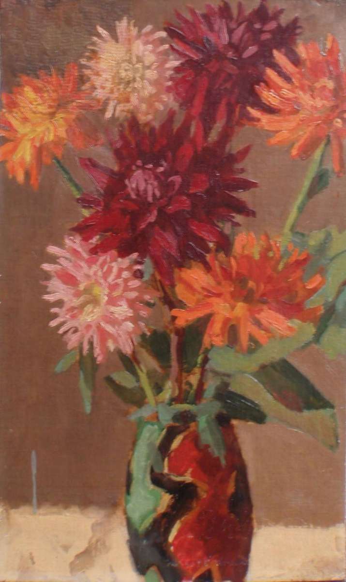 Original vintage oil painting circa 1940-50s Impressionist dahlias in abstract vase.