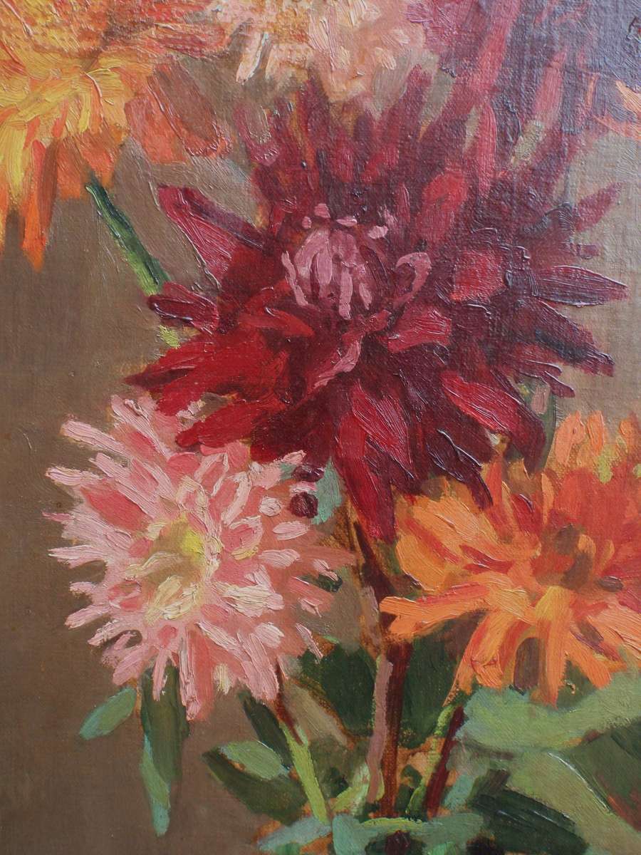 Original vintage oil painting circa 1940-50s Impressionist dahlias in abstract vase.