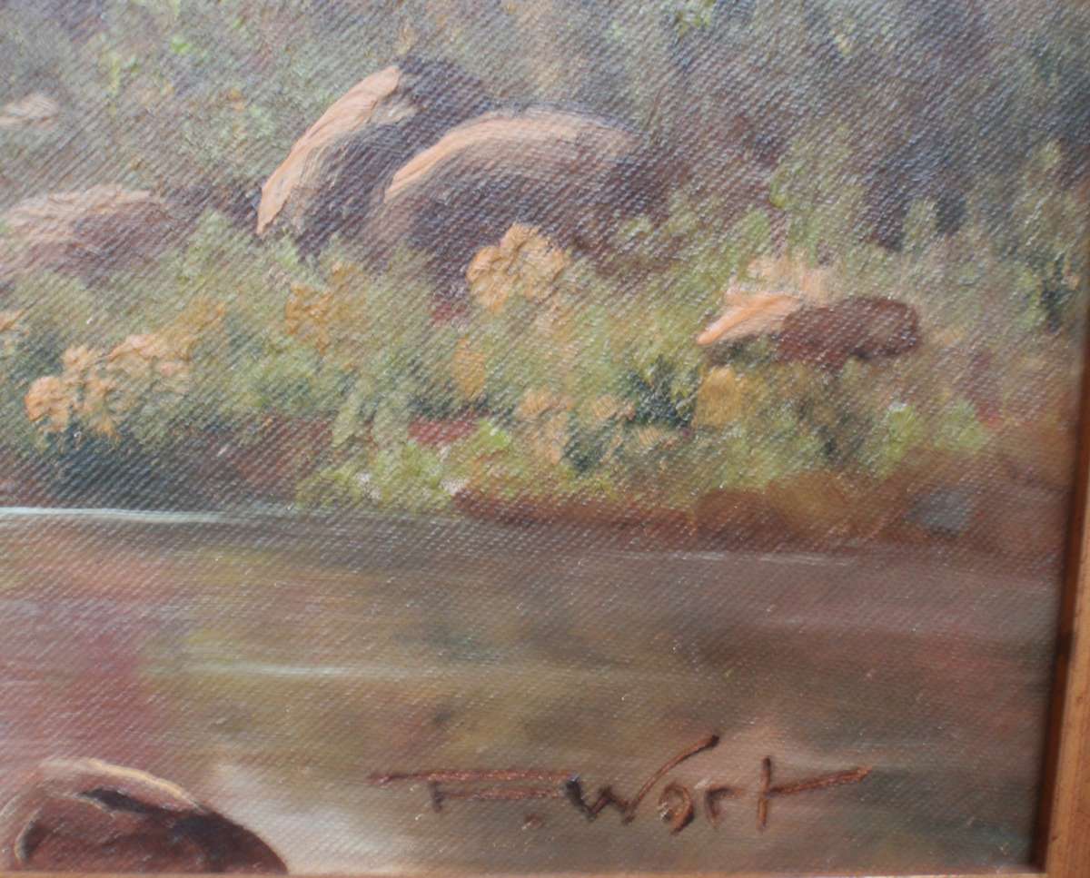 Vintage original oil painting  by F.Wort. Tranquil mountain river scene. Well framed.