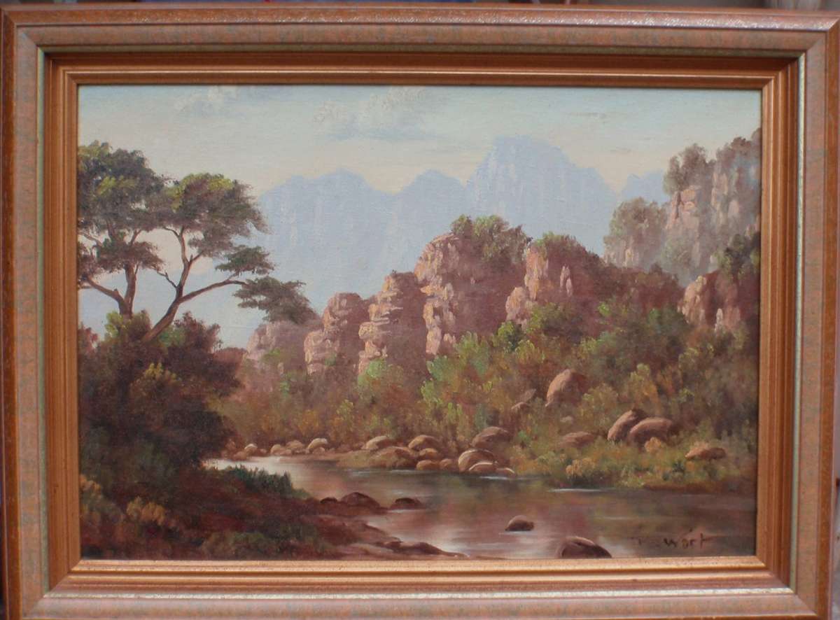 Vintage original oil painting  by F.Wort. Tranquil mountain river scene. Well framed.