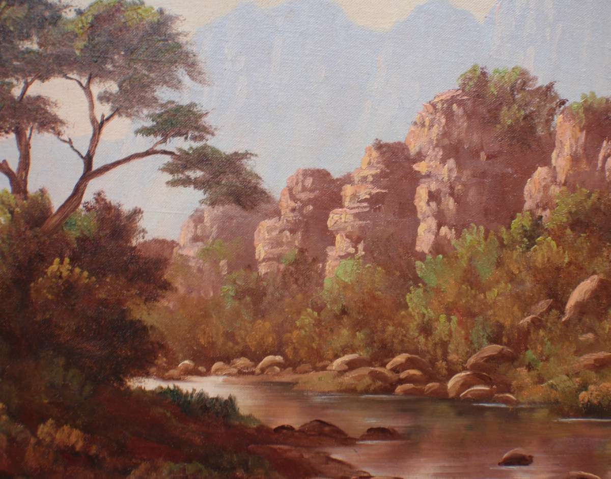 Vintage original oil painting  by F.Wort. Tranquil mountain river scene. Well framed.