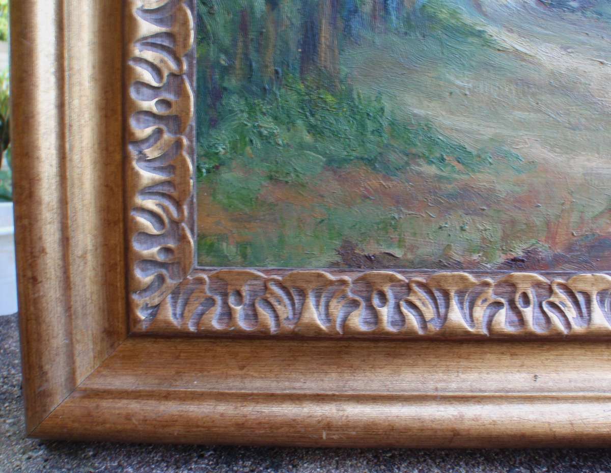 Vintage oil painting by Mary Swindell 1927-2017. Impressionist landscape reminicent of Monet.
