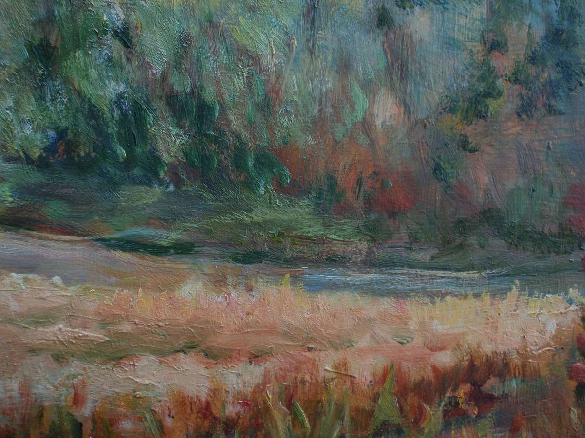 Vintage oil painting by Mary Swindell 1927-2017. Impressionist landscape reminicent of Monet.