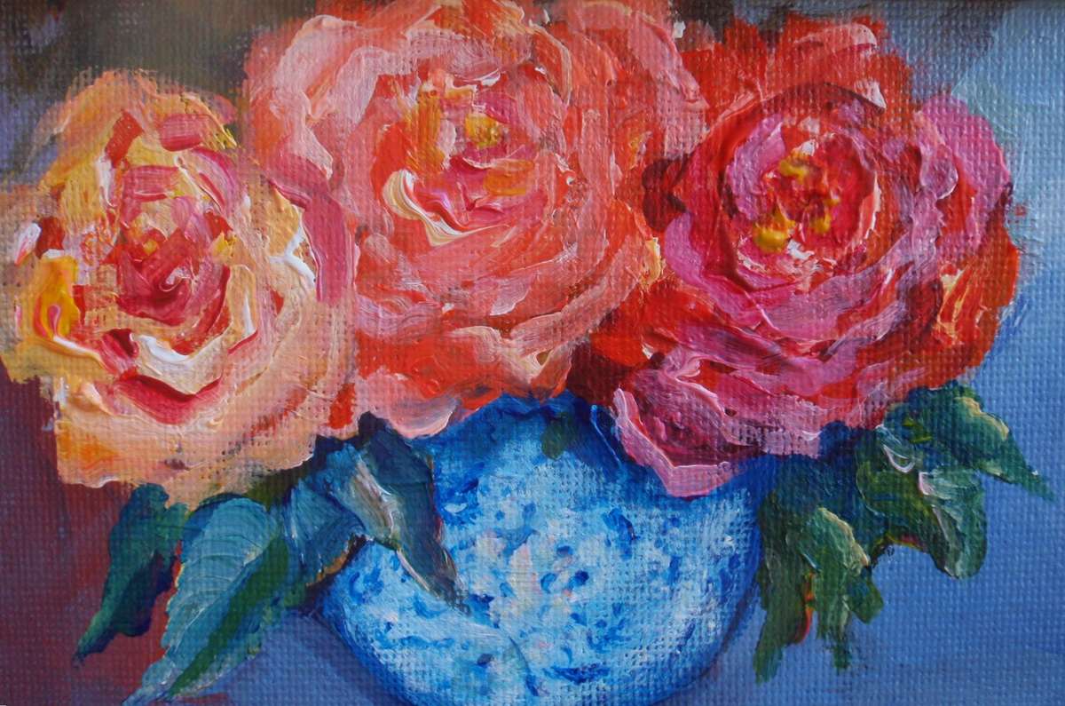 Miniature original, impressionist painting in ornate frame. Full blown roses - very precious.