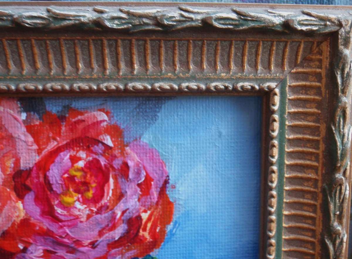 Miniature original, impressionist painting in ornate frame. Full blown roses - very precious.