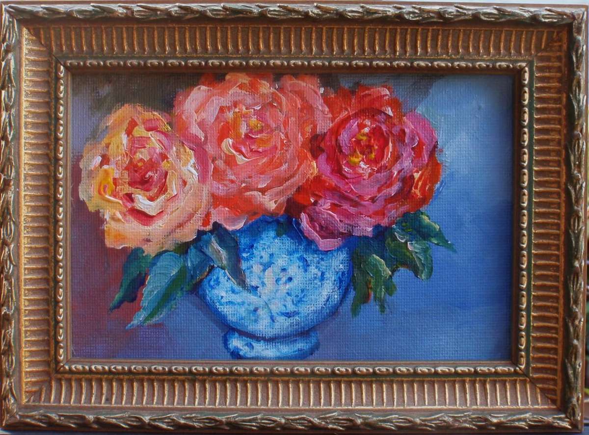 Miniature original, impressionist painting in ornate frame. Full blown roses - very precious.