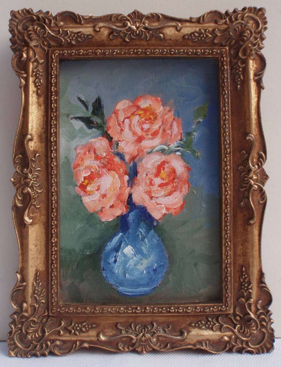 Miniature original painting in ornate gilded frame. Wall hanging.