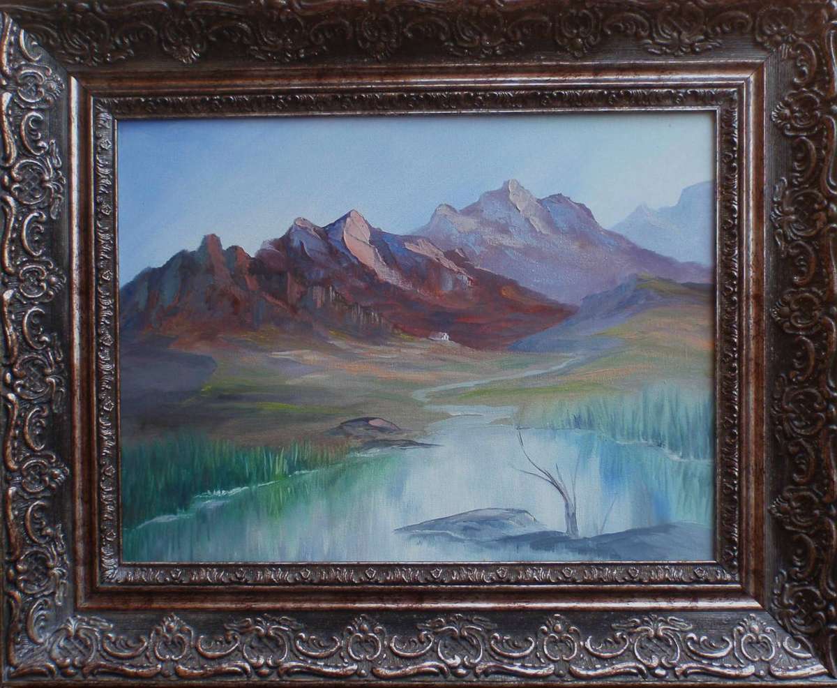 Original oil painting. Beautiful mountain scene. In ornate dark silver frame.