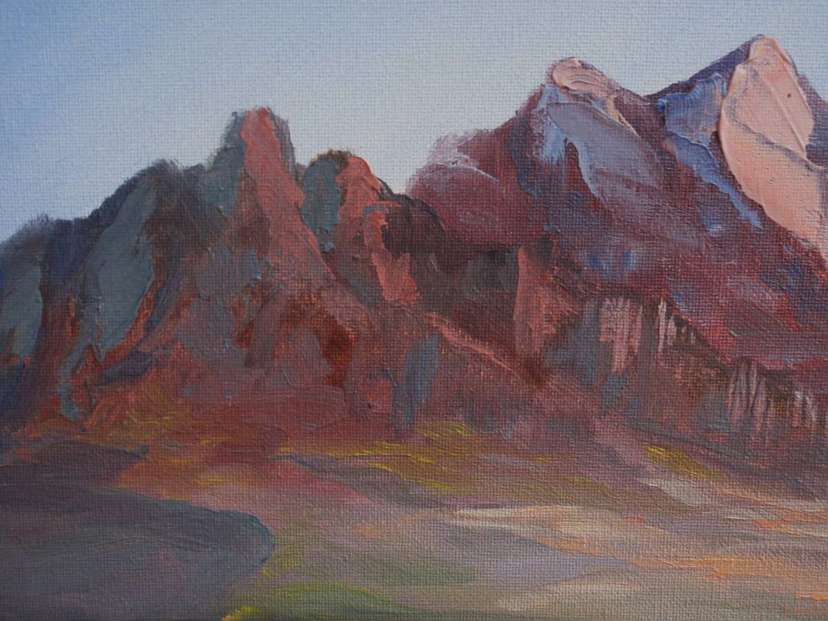 Original oil painting. Beautiful mountain scene. In ornate dark silver frame.