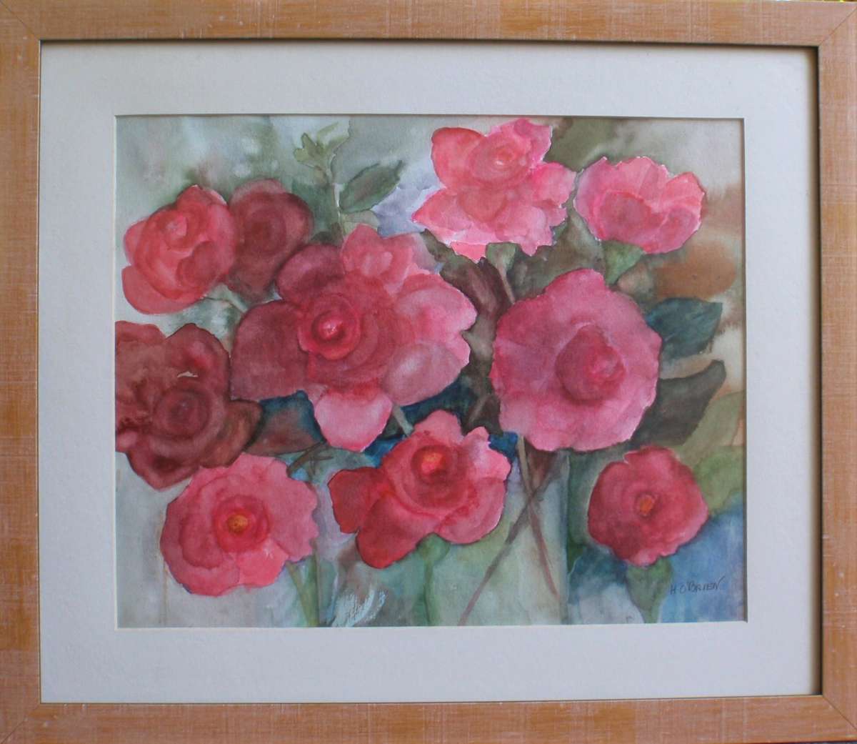 Gorgeous original watercolour by H.O'Brien.  Beautiful, delicate peony flowers.