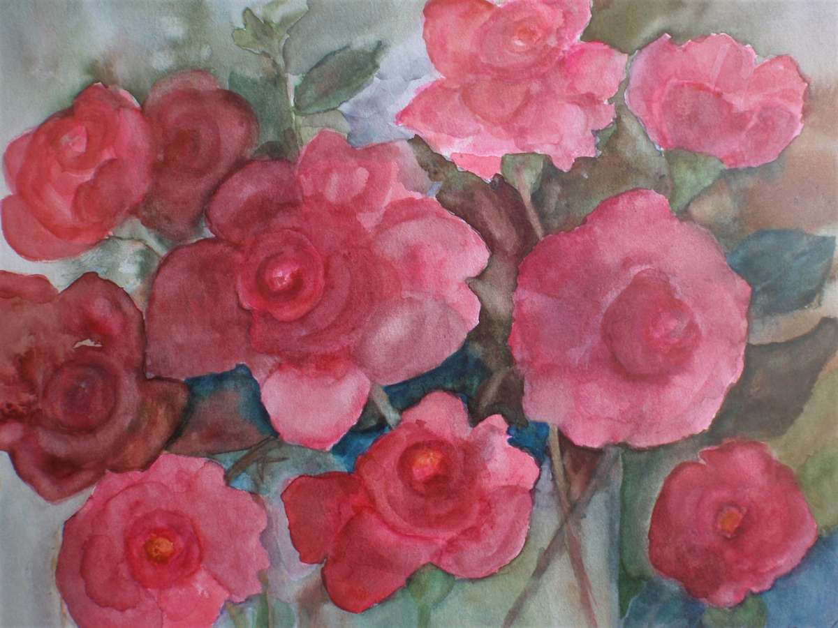 Gorgeous original watercolour by H.O'Brien.  Beautiful, delicate peony flowers.