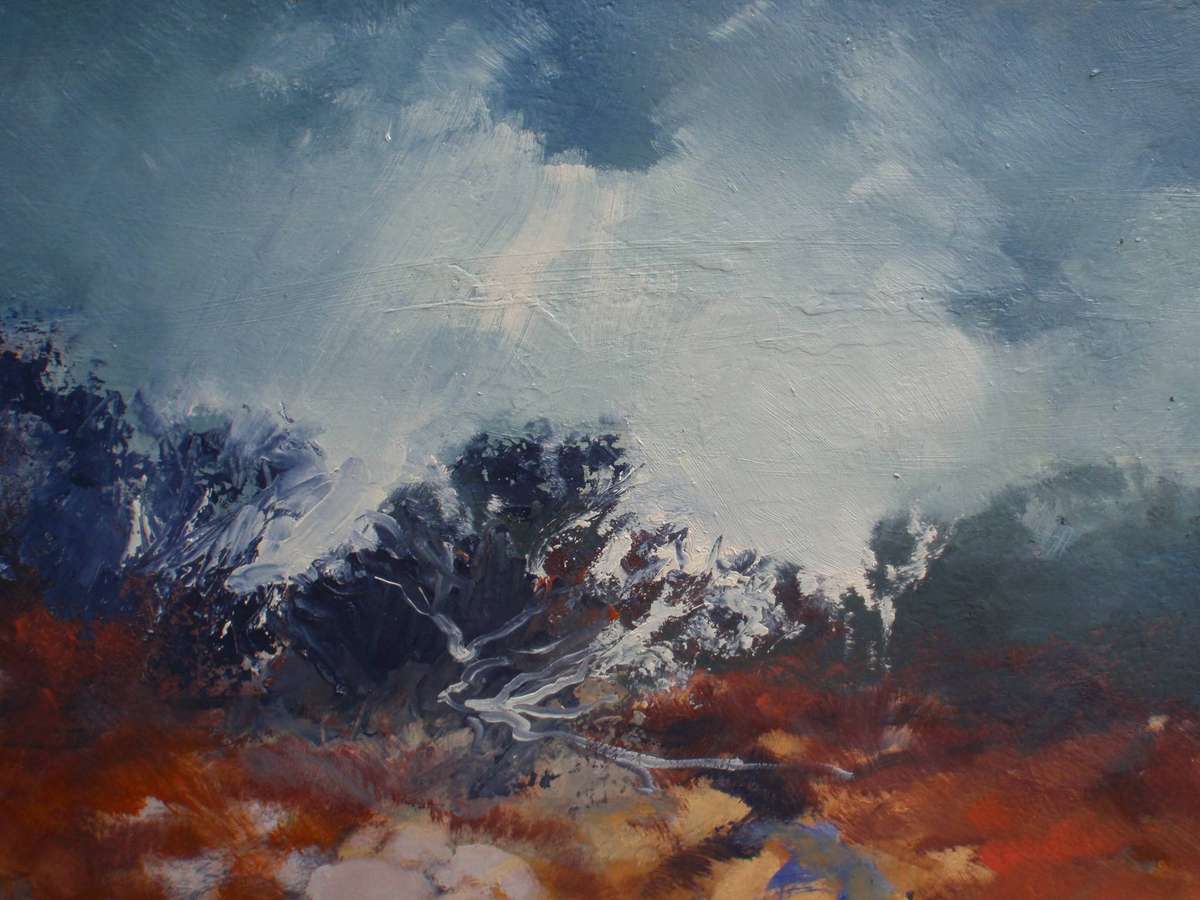 Stunning  impressionist landscape. October Skies. Wonderfully moody and evocative art.