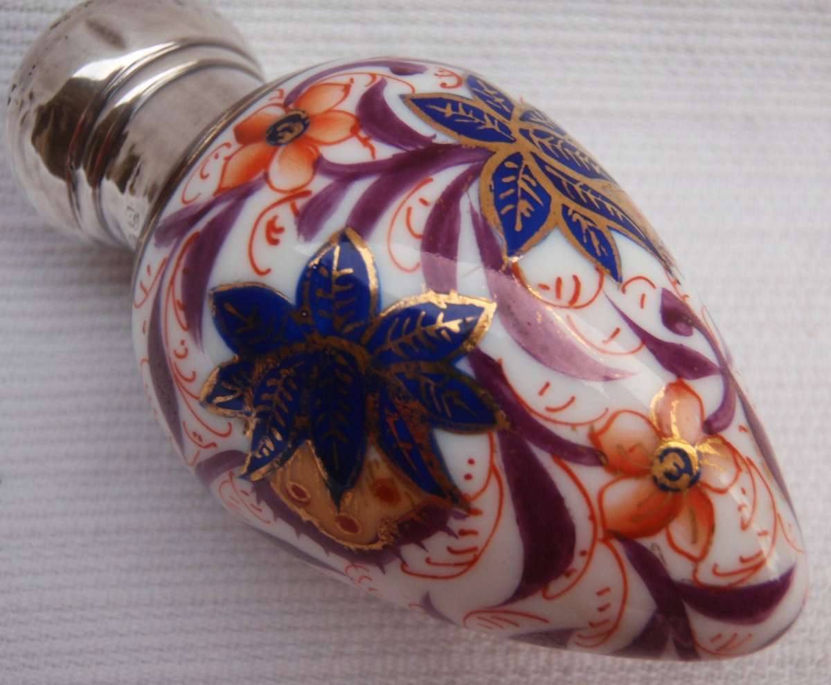 Antique perfume bottle - Charles May  circa 1887. Hand painted porcelain - hall marked silver lid.