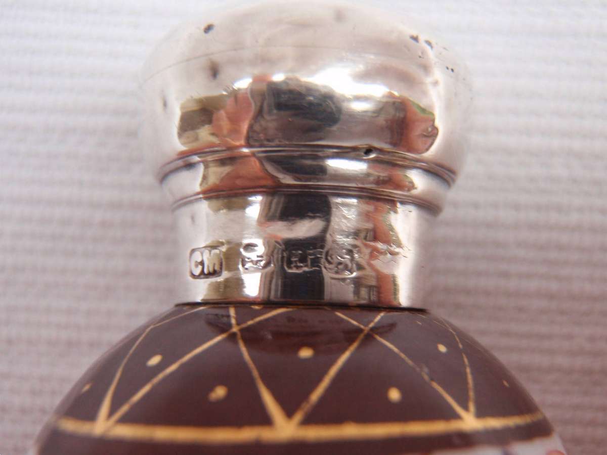 Antique perfume bottle - Charles May  circa 1887. Hand painted porcelain - hall marked silver lid.