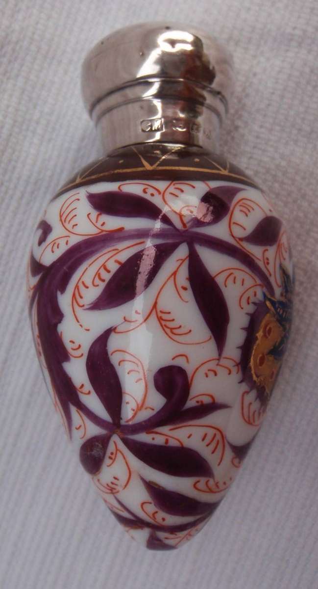 Antique perfume bottle - Charles May  circa 1887. Hand painted porcelain - hall marked silver lid.