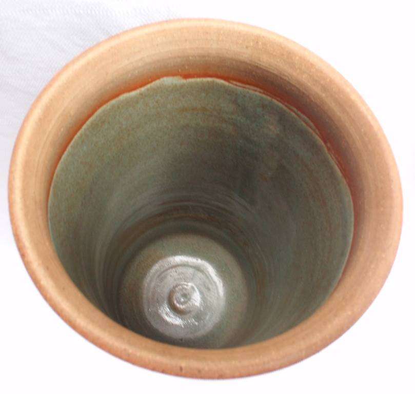 Studio pottery vase- rustic jade hues with hibiscus theme - lovely.