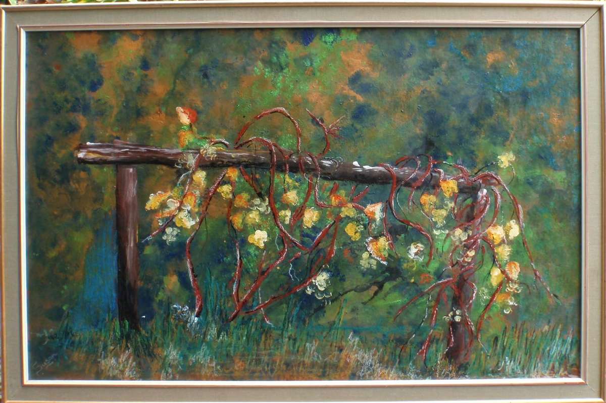 Original painting of Rambling Roses. Beautiful garden scene.