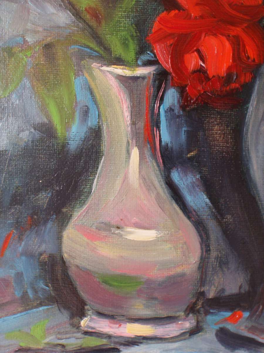 Classic rose still life oil painting on canvas. Deep rich hues in impressionist style art. Signed.