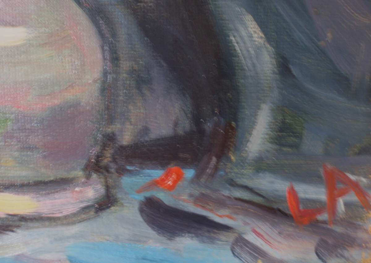 Classic rose still life oil painting on canvas. Deep rich hues in impressionist style art. Signed.