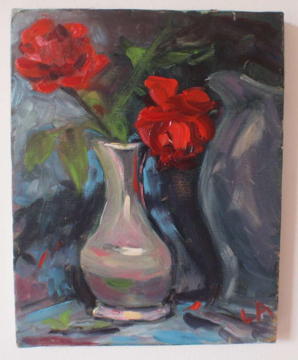Classic rose still life oil painting on canvas. Deep rich hues in impressionist style art. Signed.