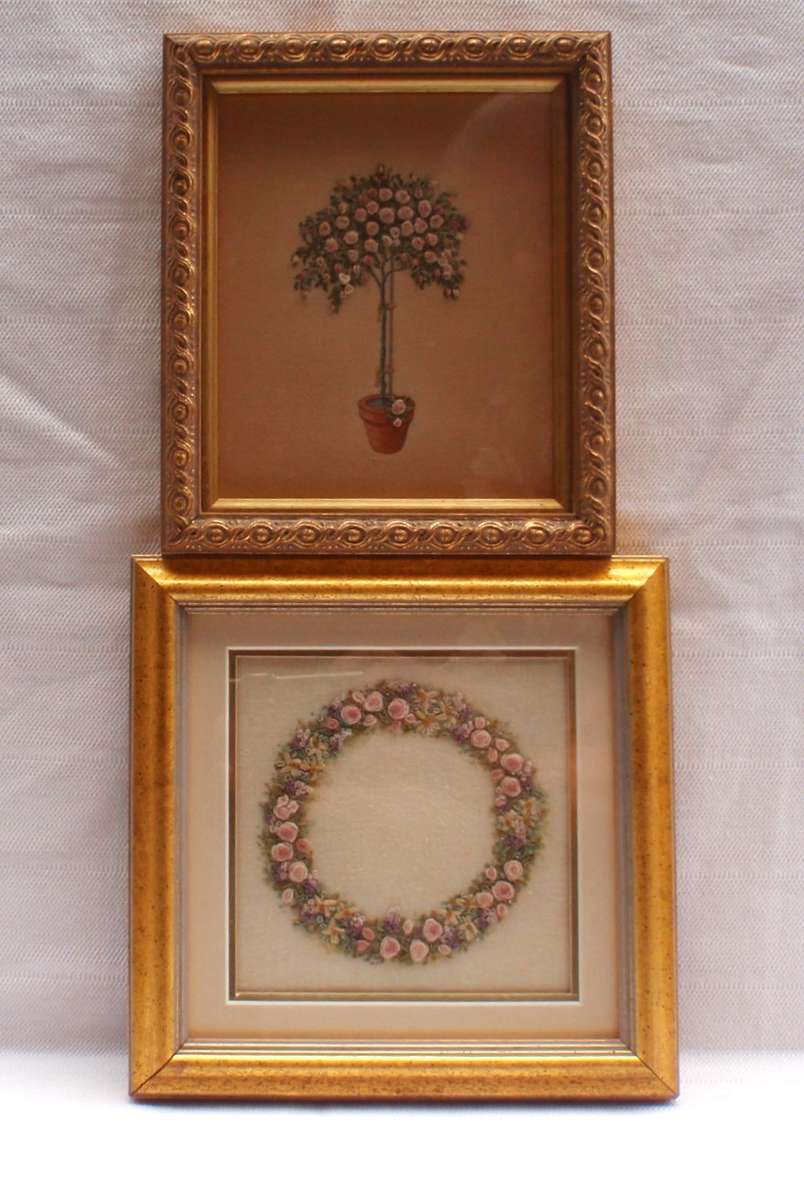 Vintage, a pair of exquisite hand embroidered, miniature rose pictures. Beautifully framed.