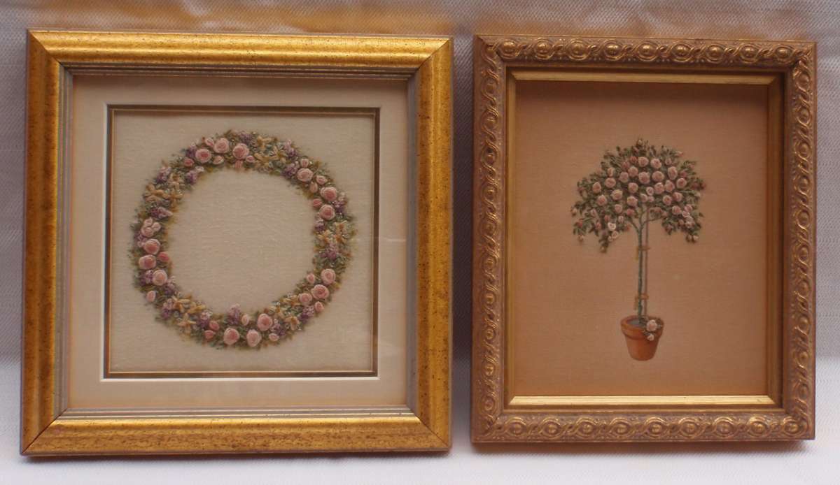Vintage, a pair of exquisite hand embroidered, miniature rose pictures. Beautifully framed.