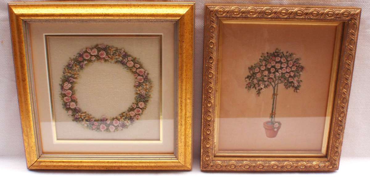 Vintage, a pair of exquisite hand embroidered, miniature rose pictures. Beautifully framed.