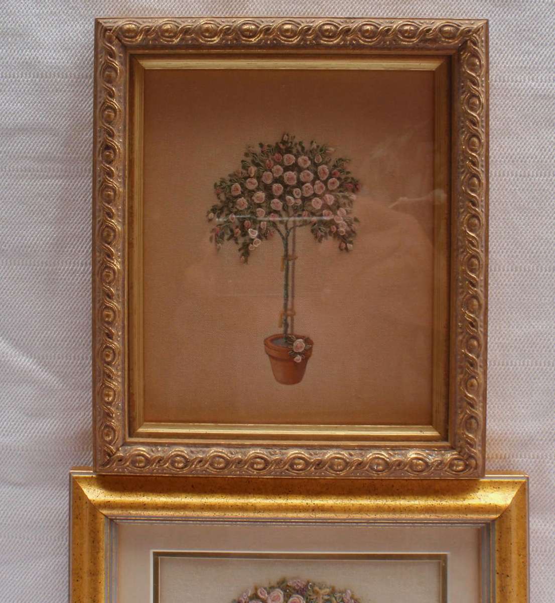 Vintage, a pair of exquisite hand embroidered, miniature rose pictures. Beautifully framed.