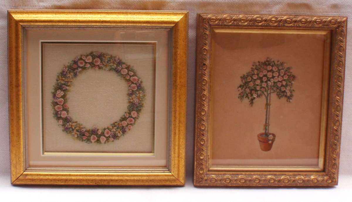 Vintage, a pair of exquisite hand embroidered, miniature rose pictures. Beautifully framed.