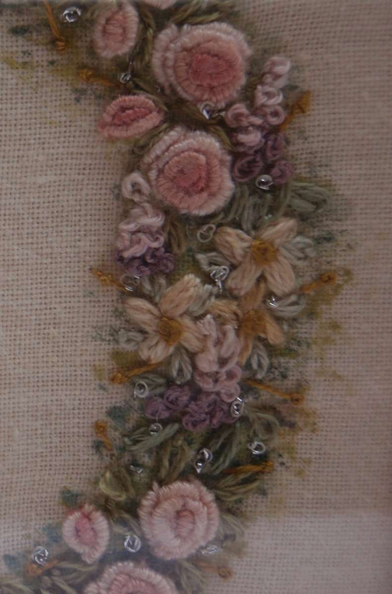 Vintage, a pair of exquisite hand embroidered, miniature rose pictures. Beautifully framed.