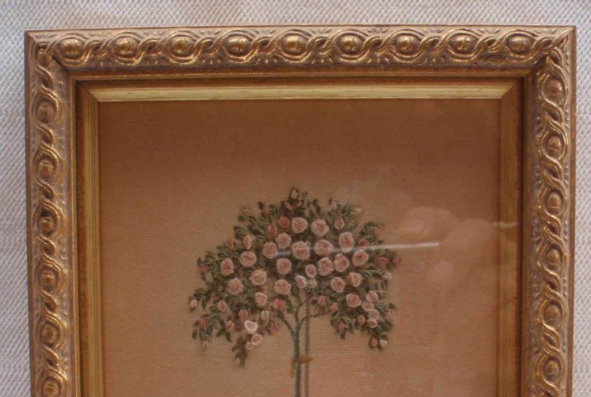 Vintage, a pair of exquisite hand embroidered, miniature rose pictures. Beautifully framed.
