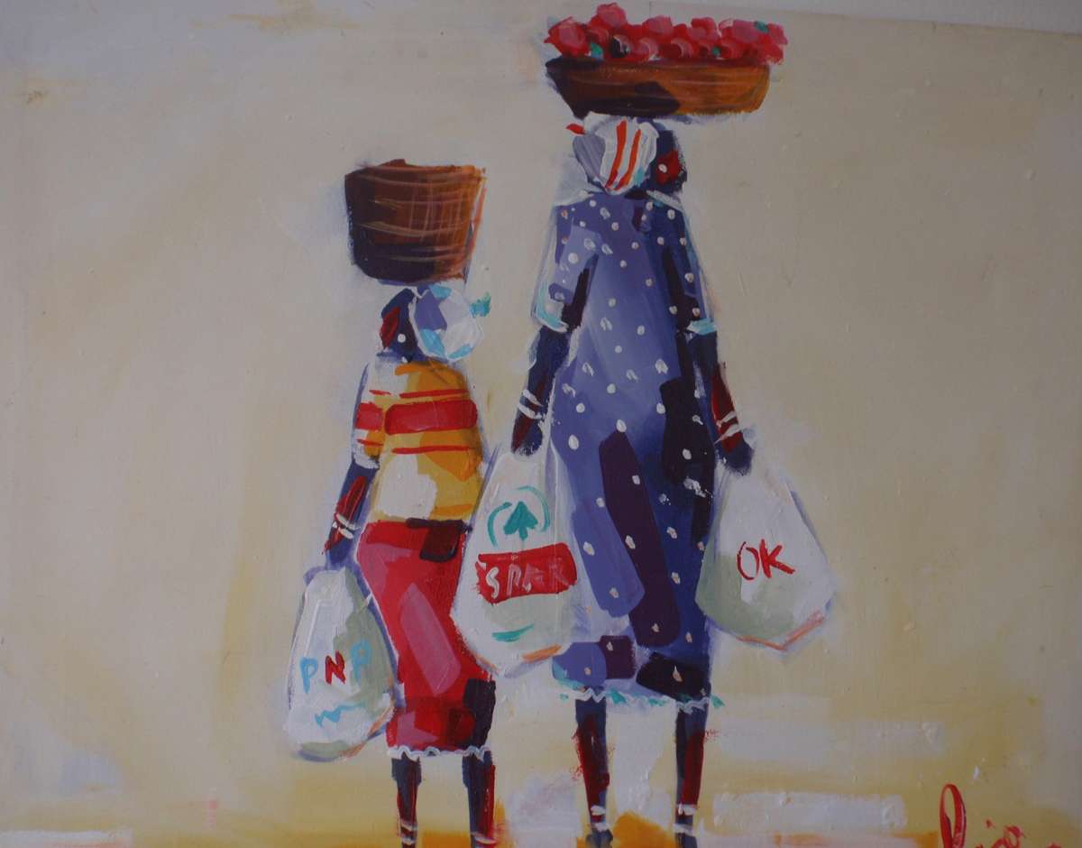 Authentic ethnic Shopping Day impressionist painting. Delightfully local scene original on canvas.