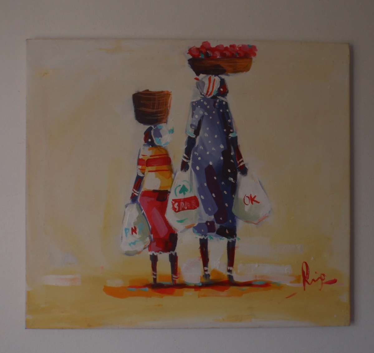 Authentic ethnic Shopping Day impressionist painting. Delightfully local scene original on canvas.