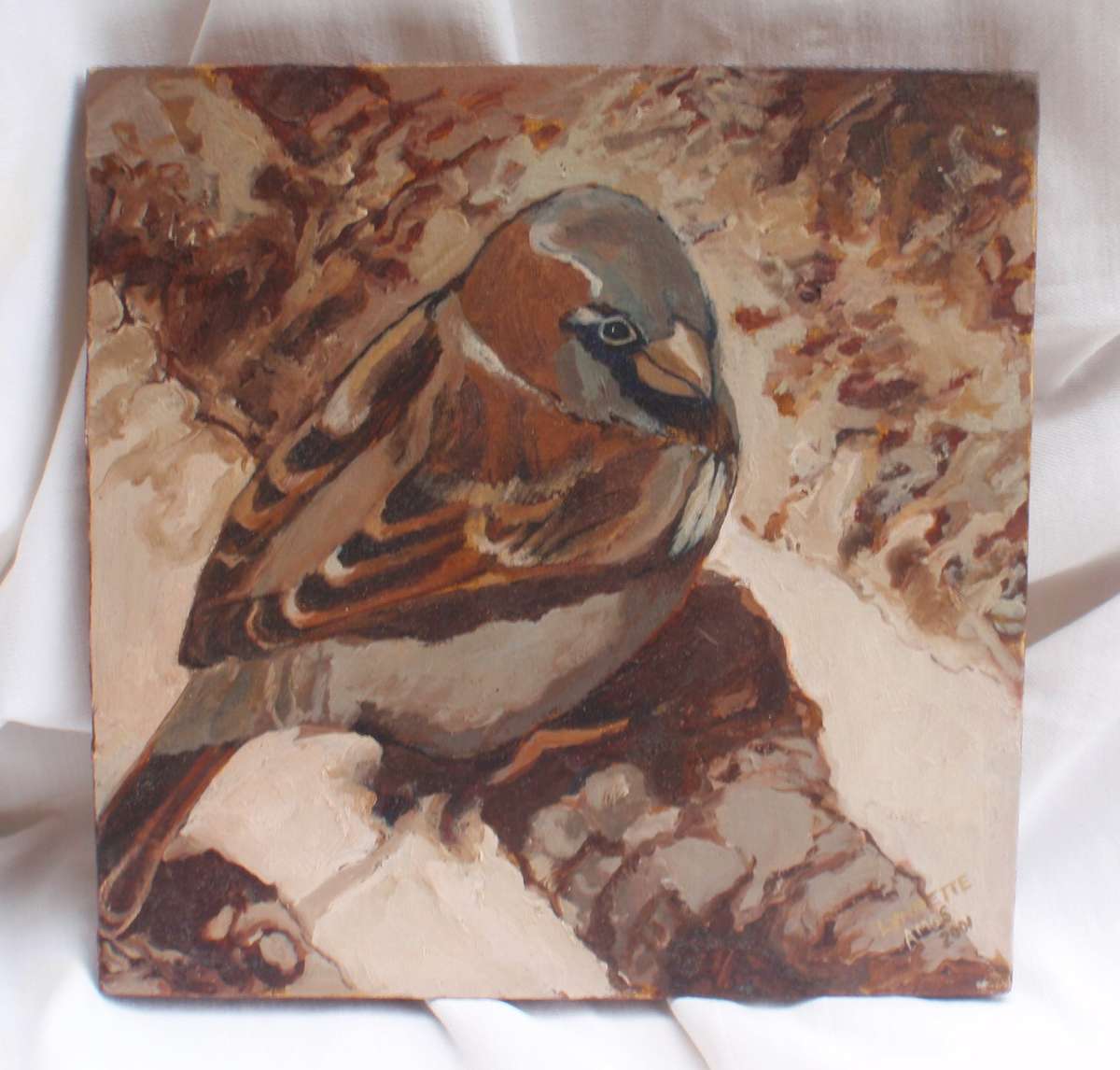 Original oil painting "Little Sparrow" on canvas - ready to hang. Charming little piece of art.